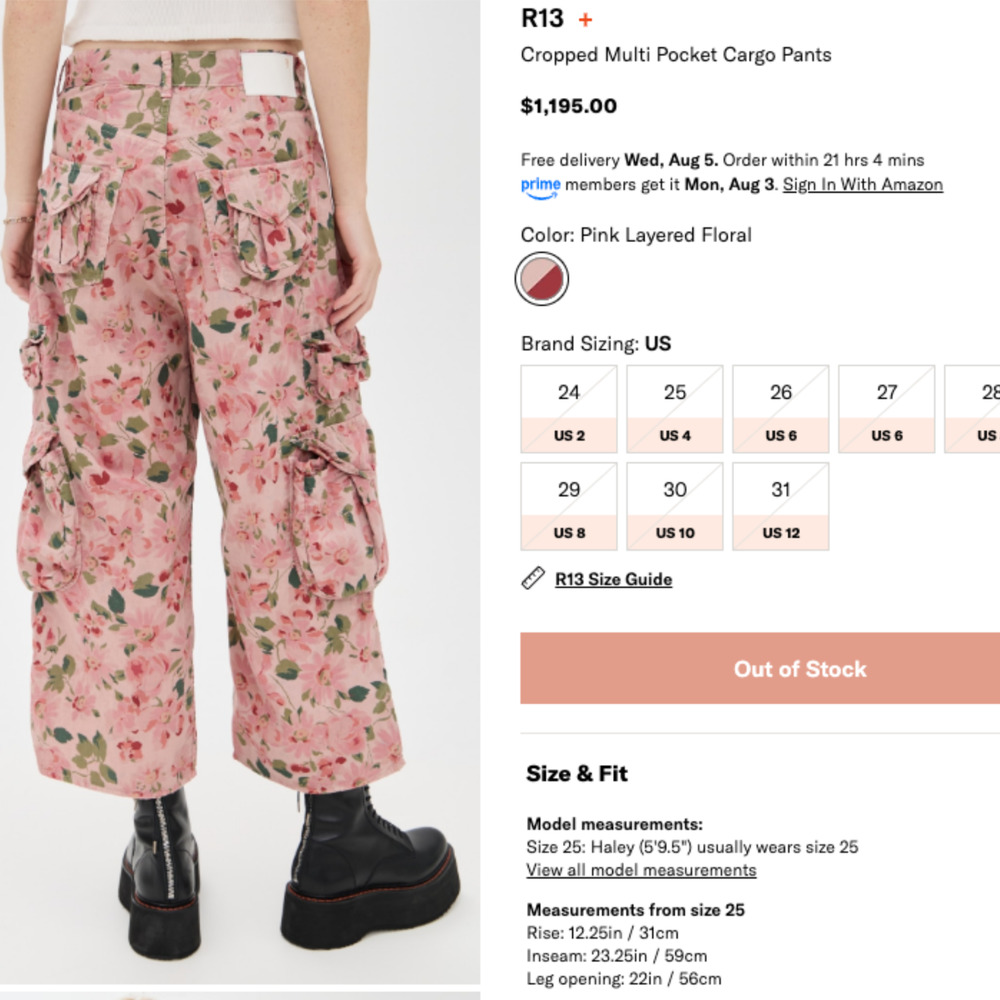 NWT R13 Cropped Multi Pocket Cargo Pants Size 27 in Pink Layered Floral $1195 - Picture 11 of 11